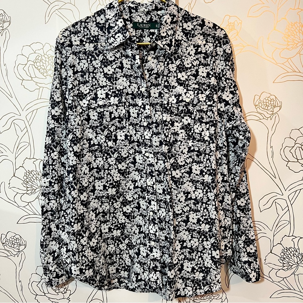 Lauren Ralph lauren black white flower print button shirt
